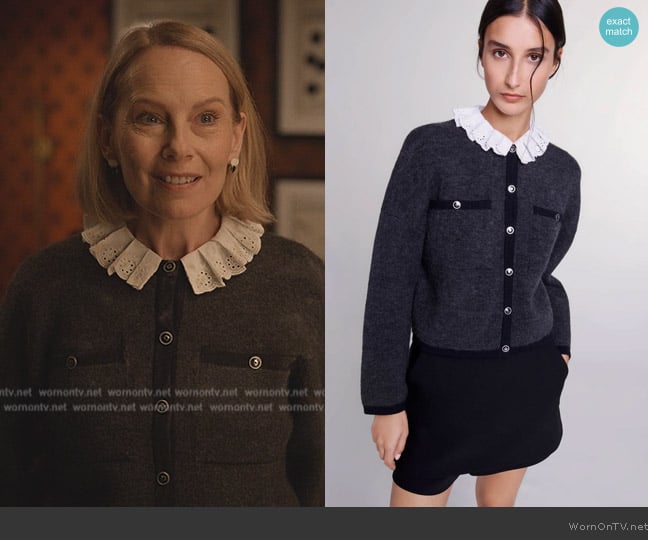 Maje Mestino Lace Collared Cardigan worn by Jan (Amy Ryan) on Only Murders in the Building
