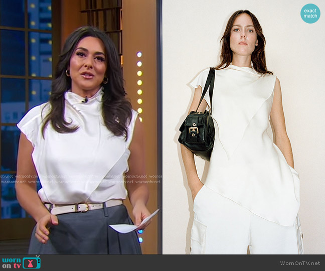 Mango Asymmetric satin blouse worn by Erielle Reshef on Good Morning America