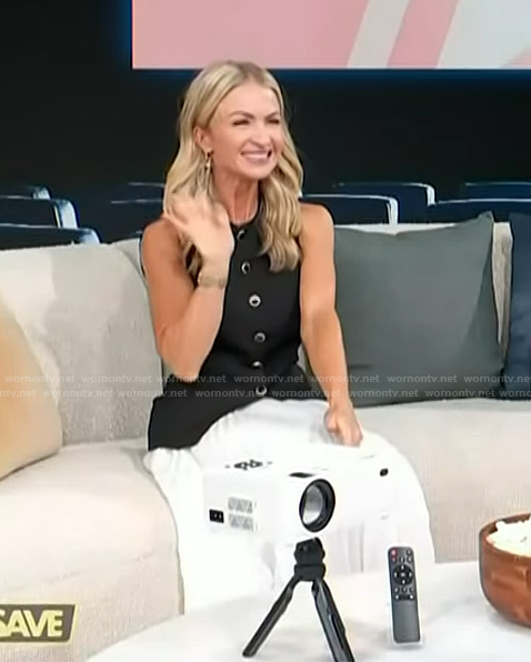 Maria Provenzano’s black button down sleeveless top on Access Hollywood