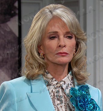 Marlena’s floral blouse and blue sequin floral applique blazer on Days of our Lives