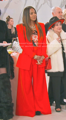 Mary’s red velvet-collar blazer and pants on The Real Housewives of Salt Lake City