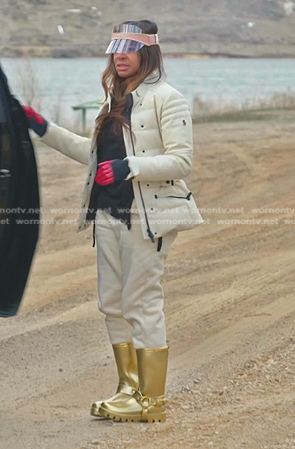 Mary’s ivory down jacket and metallic rain boots on The Real Housewives of Salt Lake City