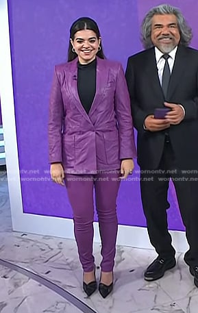 Mayan Lopez’s purple cringle leather blazer and pants on Today