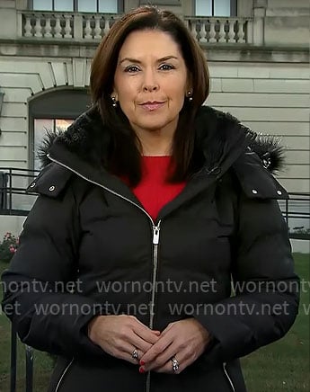 Meg Oliver’s black puffer jacket with fur hood on CBS Mornings