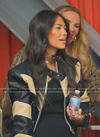 Meili’s black and beige leather moto jacket on The Real Housewives of Salt Lake City