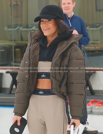 Meili’s brown cropped puffer jacket and leggings on The Real Housewives of Salt Lake City