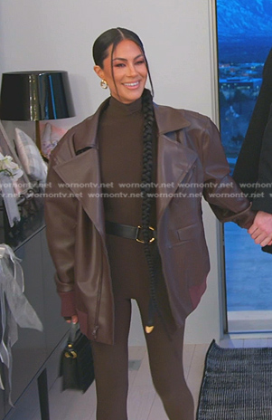 Meili’s brown oversized leather jacket on The Real Housewives of Salt Lake City