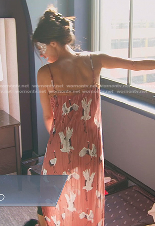 Meili’s pink bird print slip dress on The Real Housewives of Salt Lake City