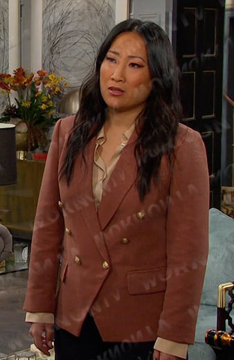 Melinda’s brown double breasted blazer on Days of our Lives