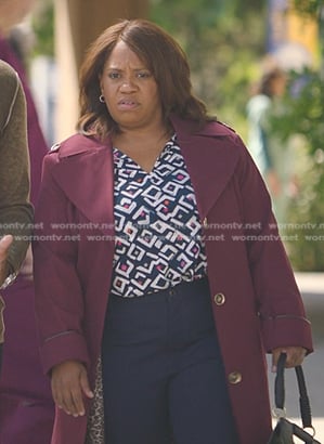 Miranda’s blue geometric print blouse on Greys Anatomy