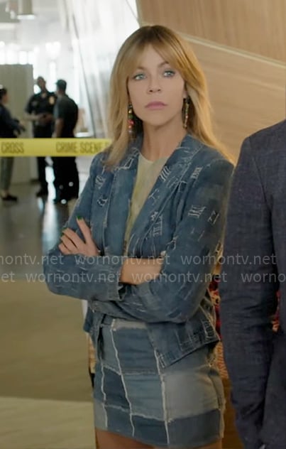 Morgan’s denim patchwork jacket and mini skirt on High Potential