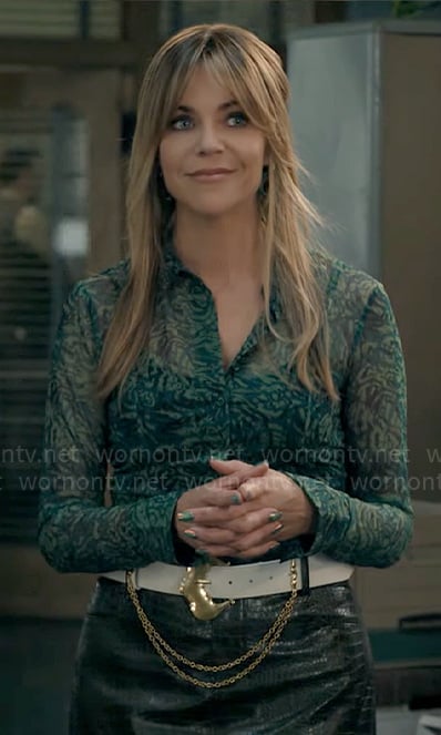 Morgan’s green mesh button down top on High Potential