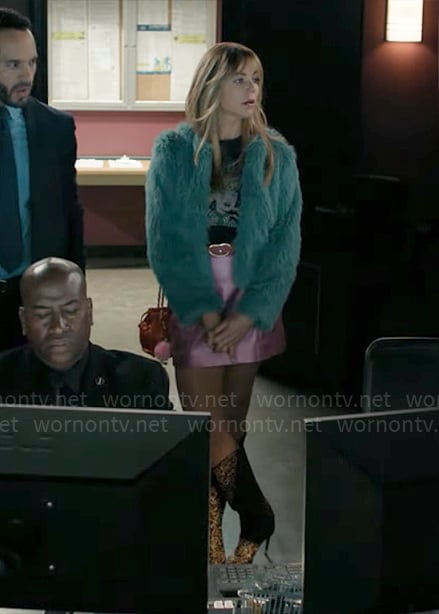Morgan’s Monday Again t-shirt and metallic pink mini skirt on High Potential