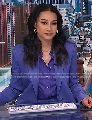 Morgan’s purple button down blouse and blue suit on NBC News Daily