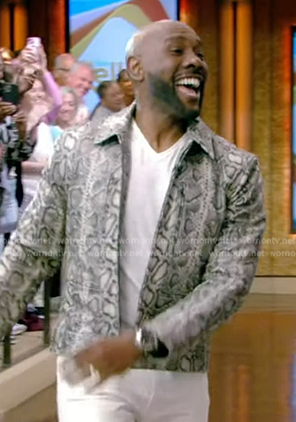 Morris Chestnut’s gray snake skin print jacket on Live with Kelly and Mark