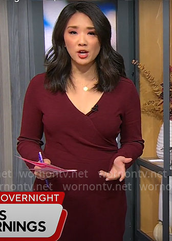 Nancy Chen’s burgundy knit wrap dress on CBS Mornings
