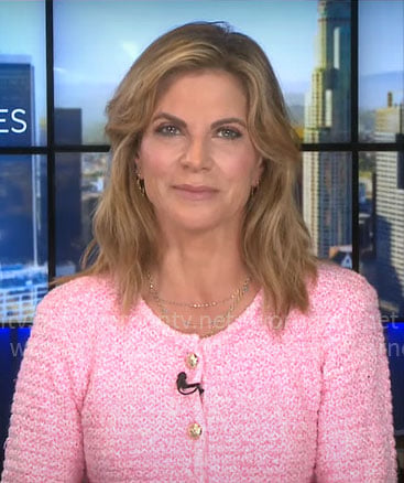 Natalie Morales’ pink tweed cardigan on CBS Mornings