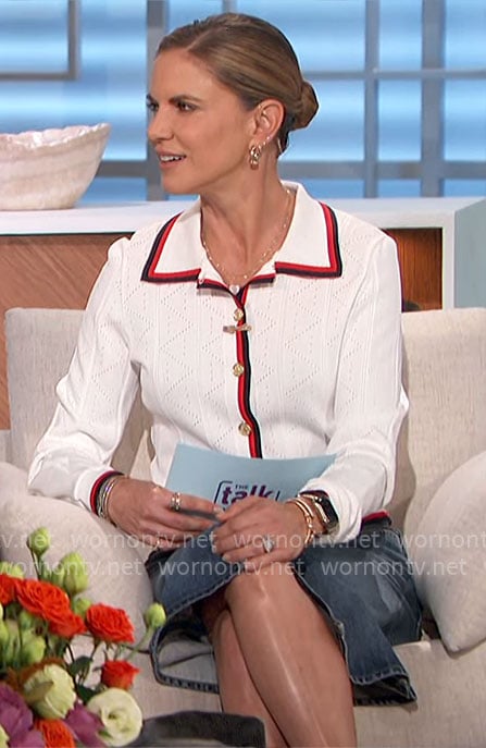 Natalie’s white pointelle knit cardigan with striped trim on The Talk