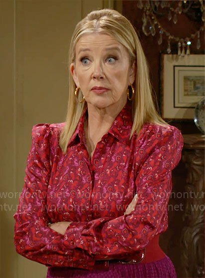 Nikki’s red printed button down blouse on The Young and the Restless