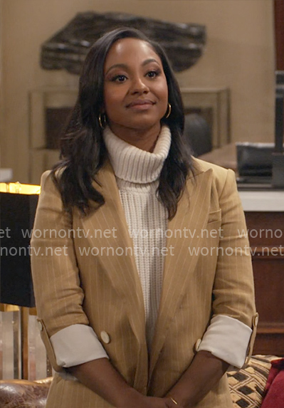 Nina’s camel pinstripe blazer on Poppas House