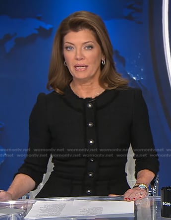 Norah’s black tweed button down dress on CBS Evening News