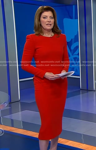 Norah’s red long sleeve midi dress on CBS Evening News