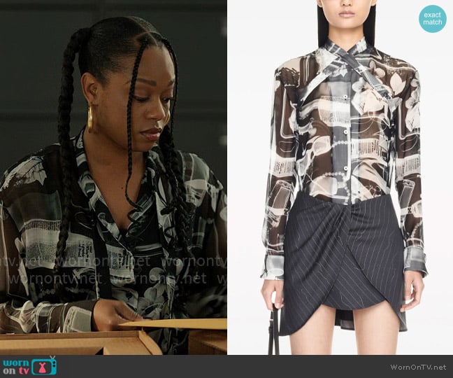 Off White X-Ray-print silk shirt worn by Izzy Letts (Jazz Raycole) on The Lincoln Lawyer