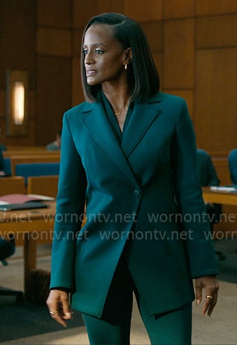 Olympia’s teal geren asymmetric blazer on Matlock
