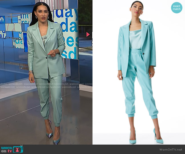Alice + Olivia Dunn Vegan Leather Loose Blazer in Breeze worn by Morgan Radford on NBC News Daily