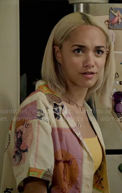 Ava’s printed button down shirt on High Potential