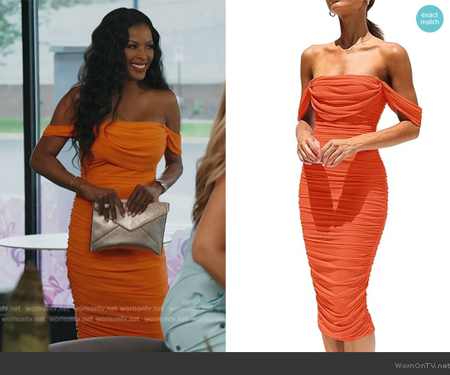 Pretty Garden Off Shoulder Ruched Dress worn by Stacey Rusch on The Real Housewives of Potomac
