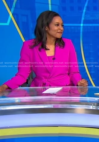 Rachel’s purple dress and tie waist blazer on Good Morning America