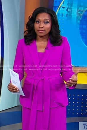 Rachel’s purple dress and tie waist blazer on Good Morning America