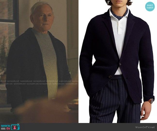 Polo Ralph Lauren Long-Sleeve Wool-Blend Cardigan in Navy worn by David Woodrow Randolph (Victor Garber) on American Horror Stories