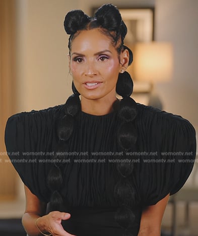 Raquel’s black gathered confessional top on The Real Housewives of New York City