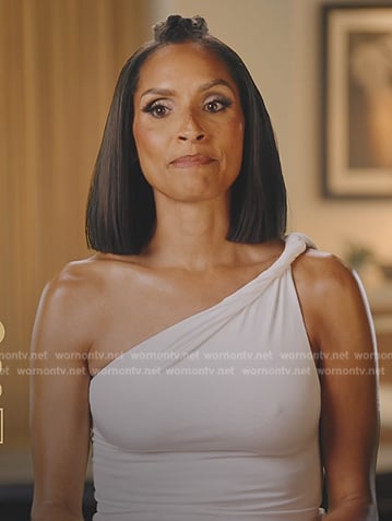 Raquel’s white one shoulder confessional top on The Real Housewives of New York City