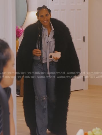 Racquel’s blue shirt and detachable jeans on The Real Housewives of New York City