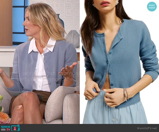 Reformation Clara Cashmere & Wool Crew Cardigan in Bluebell worn by Amanda Kloots on The Talk