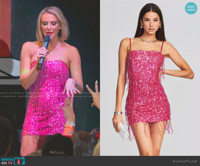 Retrofete Heather Sequin Star Fringe Dress in fuchsia worn by Whitney Rose on The Real Housewives of Salt Lake City