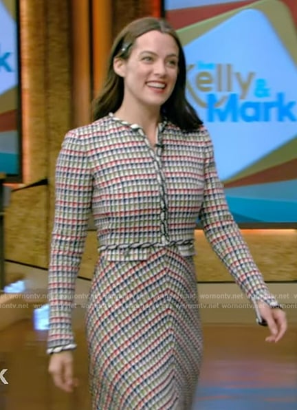 Riley Keough’s multicolored tweed jacket and skirt on Live with Kelly and Mark