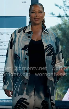 Robyn’s palm leaf print coat and pants on The Equalizer