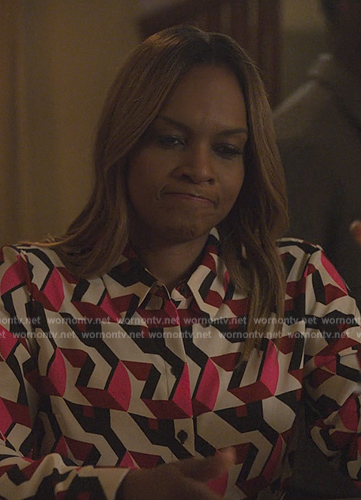 Sally’s geometric print shirt on Reasonable Doubt