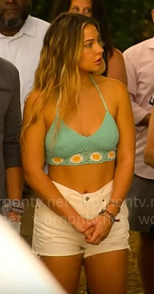Sarah’s blue crochet crop top and white denim shorts on Outer Banks