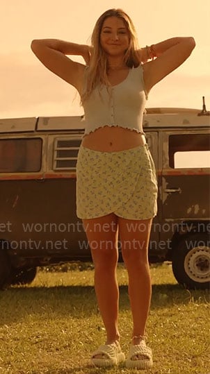 Sarah’s blue crop top and mint green floral mini skirt on Outer Banks