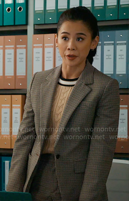 Sarah’s houndstooth suit and cable knit sweater on Matlock