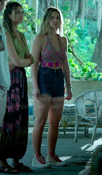 Sarah’s floral crop top and high top sneakers on Outer Banks