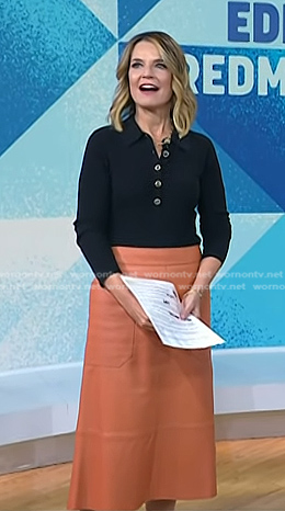 Savannah’s black polo sweater and orange leather skirt on Today