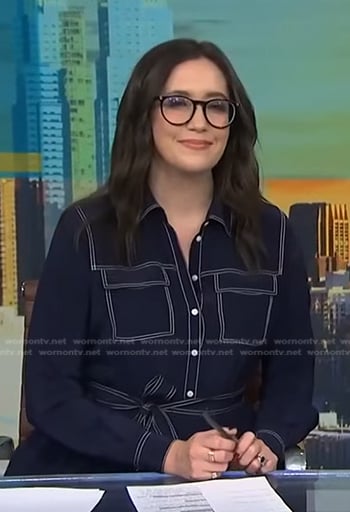 Savannah’s navy tie waist dress with white stitching on NBC News Daily