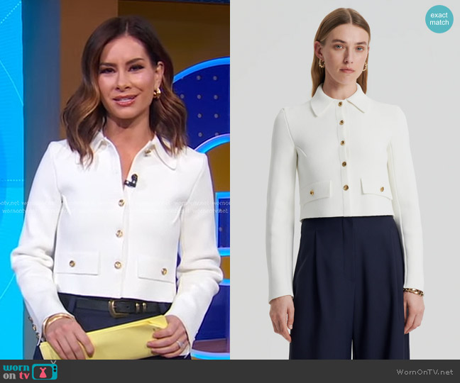 Scanlan Theodore Crepe Knit Crop Button Jacket in Cream worn by Rebecca Jarvis on Good Morning America