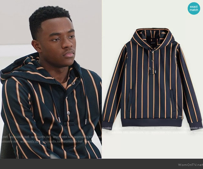Striped hooded sweater Scotch & Soda worn by Noah (Cameron Elie) on All American Homecoming